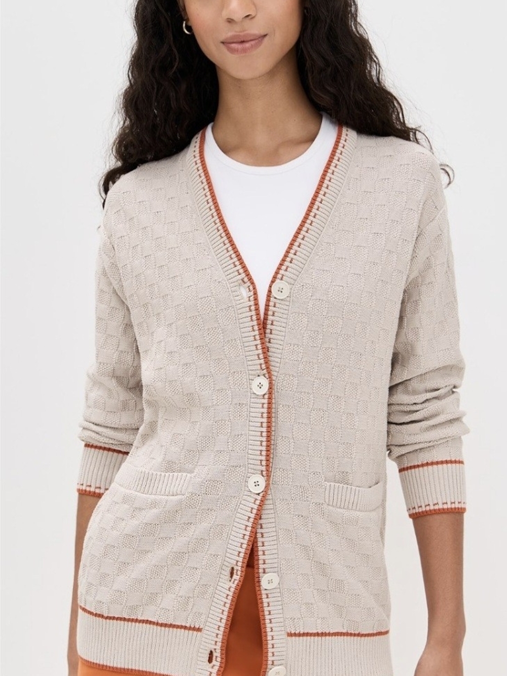 RHONE Beige Cardigan with Rust Trim
